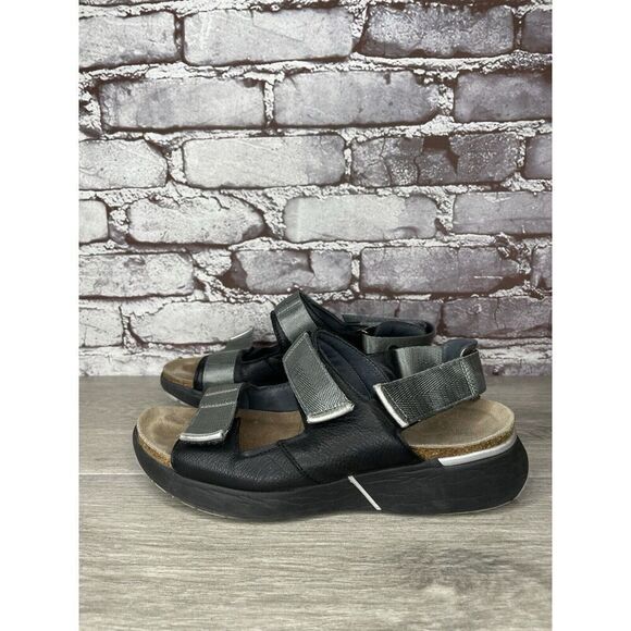 Naot Black Leather Gray Textile Wedge Ankle Strap Sandals Women Sz 38EU/7.5M US - Picture 5 of 16